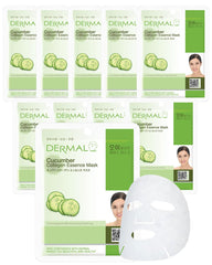 Mascarilla facial DERMAL de pepino y colágeno, paquete de 10 para hidratación suave.