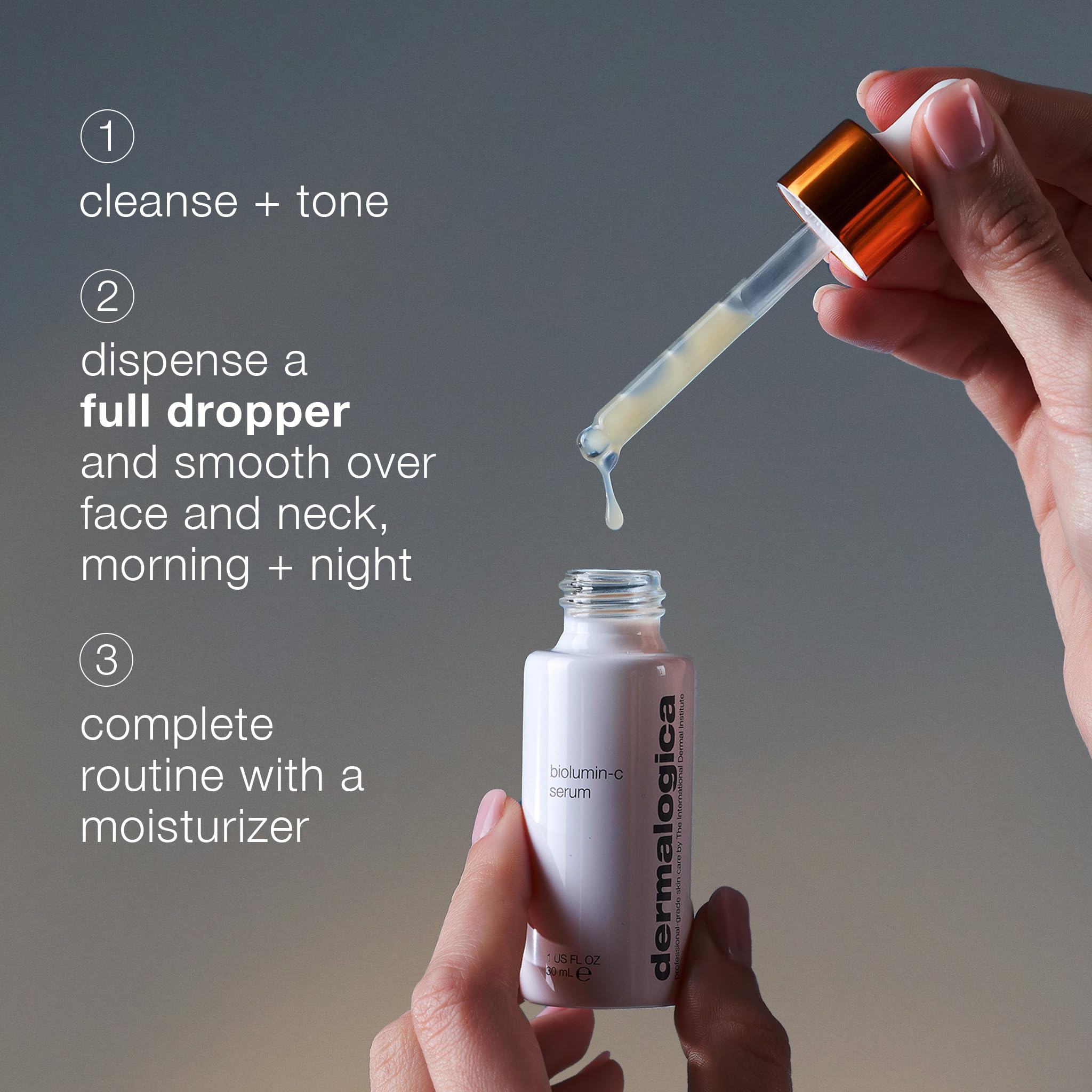 Dermalogica Biolumin-C Serum, textura ligera que penetra y suaviza la piel.