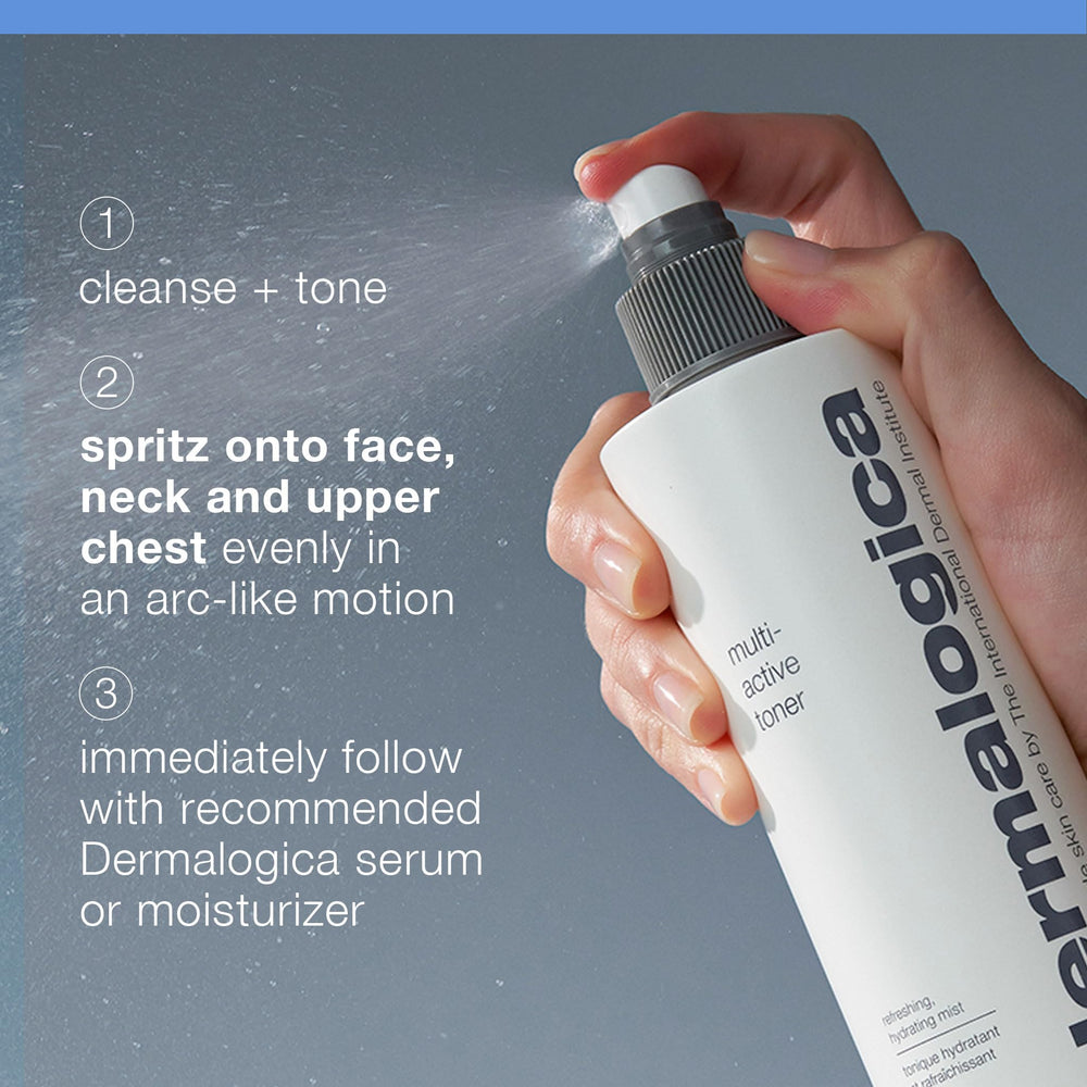 Dermalogica Multi-Active Toner, étape d’hydratation préparatoire après le nettoyage.