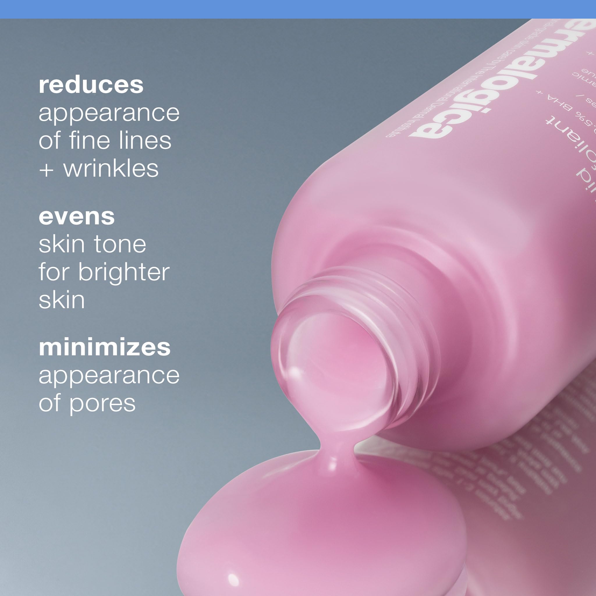 Dermalogica peeling líquido, primer plano de ingredientes clave AHA/BHA para renovación suave.