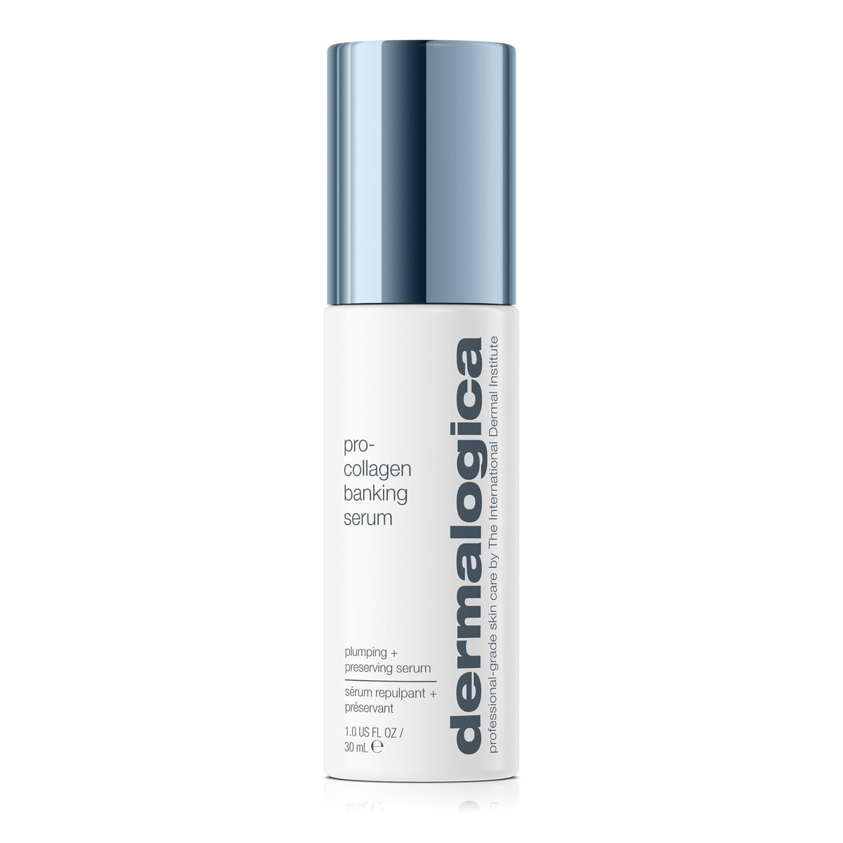 Dermalogica Pro Collagen Banking Serum, botella visible, ofrece hidratación suave para la piel.
