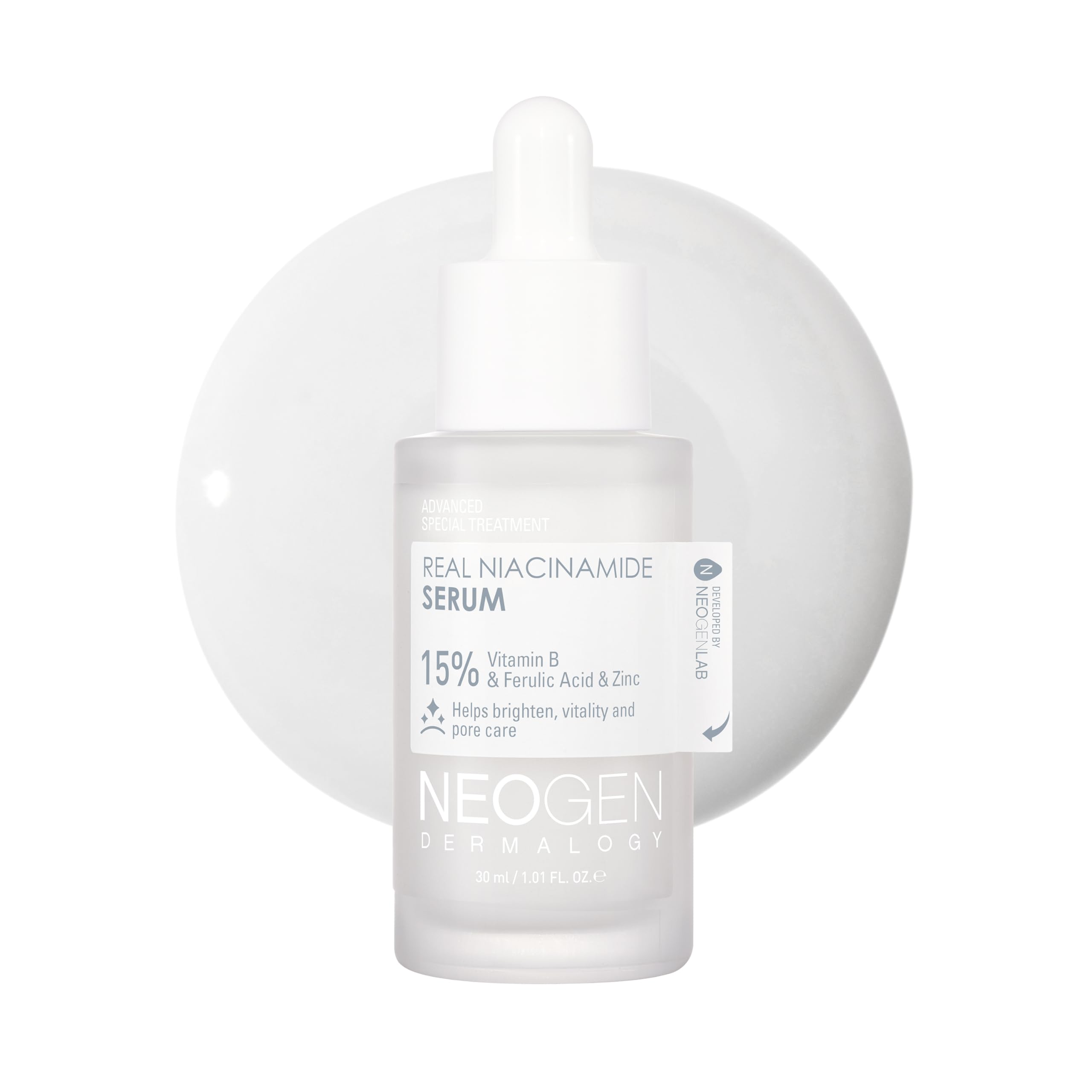 DERMALOGY NEOGEN Real 15% Niacinamida: botella con gotero para brillo suave.