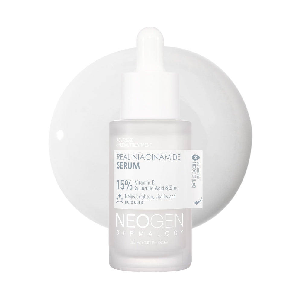 DERMALOGY NEOGEN Real 15% Niacinamida: botella con gotero para brillo suave.