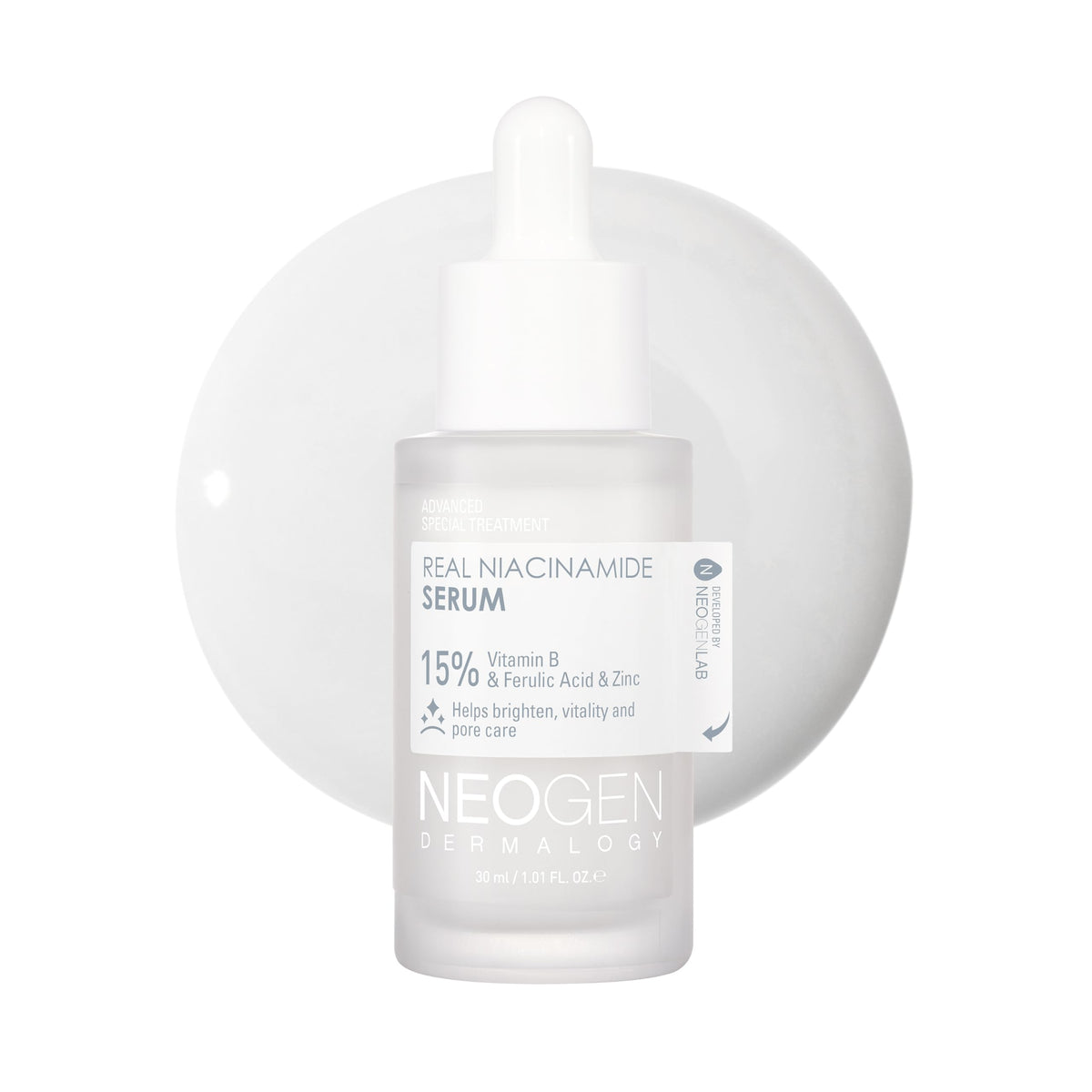 DERMALOGY NEOGEN Real 15% Niacinamida: botella con gotero para brillo suave.