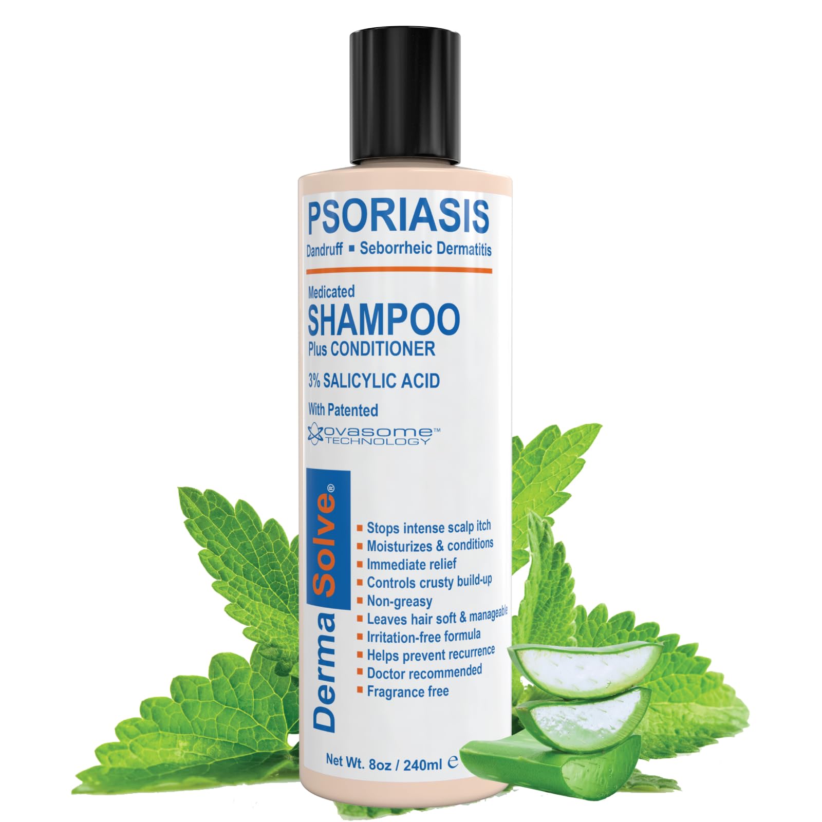 Dermasolve Champú psoriasis-dermatitis etiqueta naranja: cuidado suave para cuero cabelludo sensible.