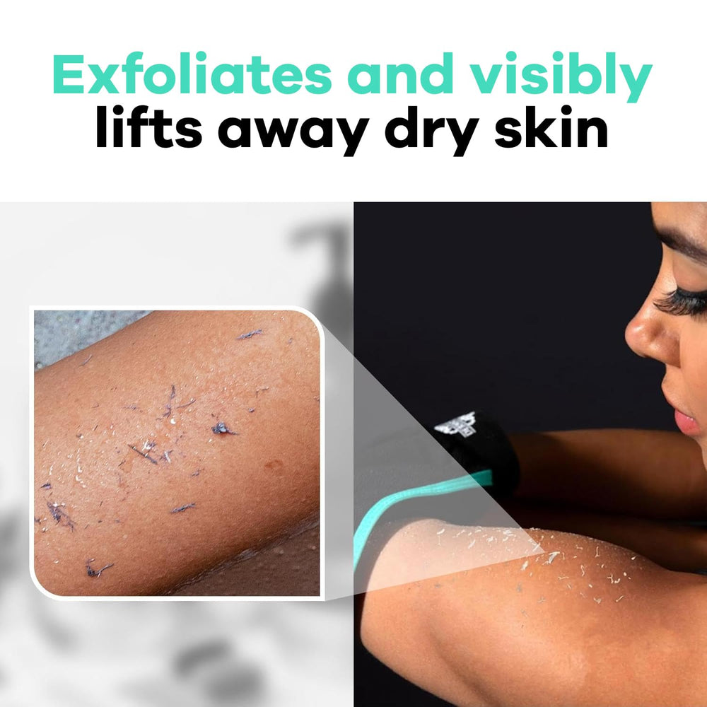 Guante exfoliante Dermasuri teal, muestra mejora visible de la piel.