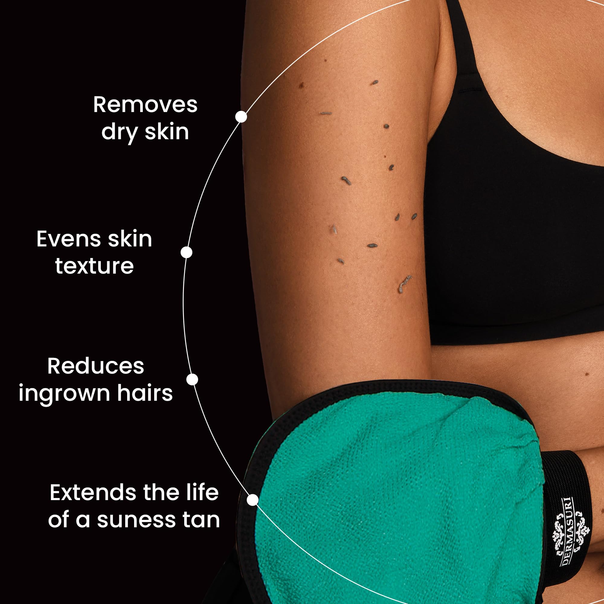 Dermasuri guante exfoliante teal, mejora la textura de la piel con exfoliación suave.