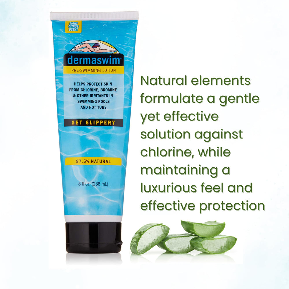 DermaSwim loción pre-nado uso diario protege y suaviza la piel entre nadadas.