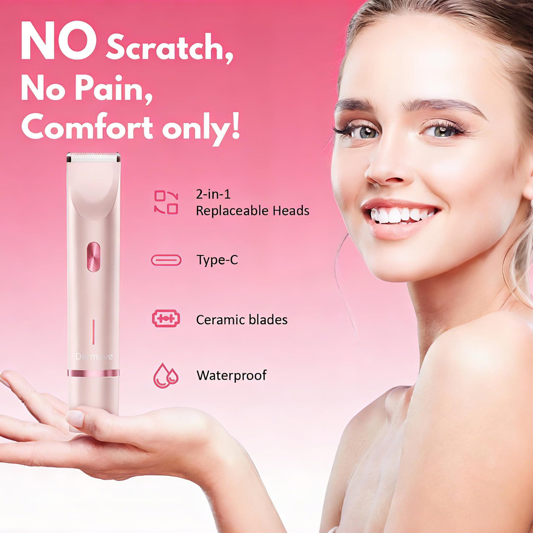 Dermave Bikini Trimmer resistente al agua IPX7 para uso cómodo bajo ducha.