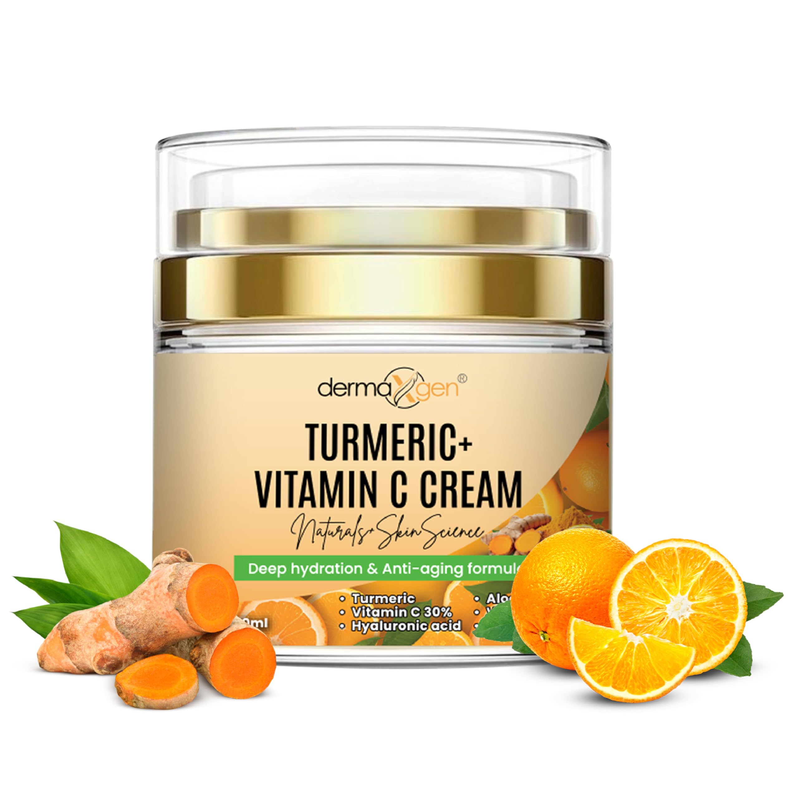 Dermaxgen crema facial curcuma y vitamina C, enfoque en frasco, luminosidad natural