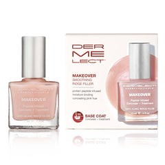 Dermelect Makeover Ridge Filler base coat bottle shows nourishing formula for stronger, more flexible nails.