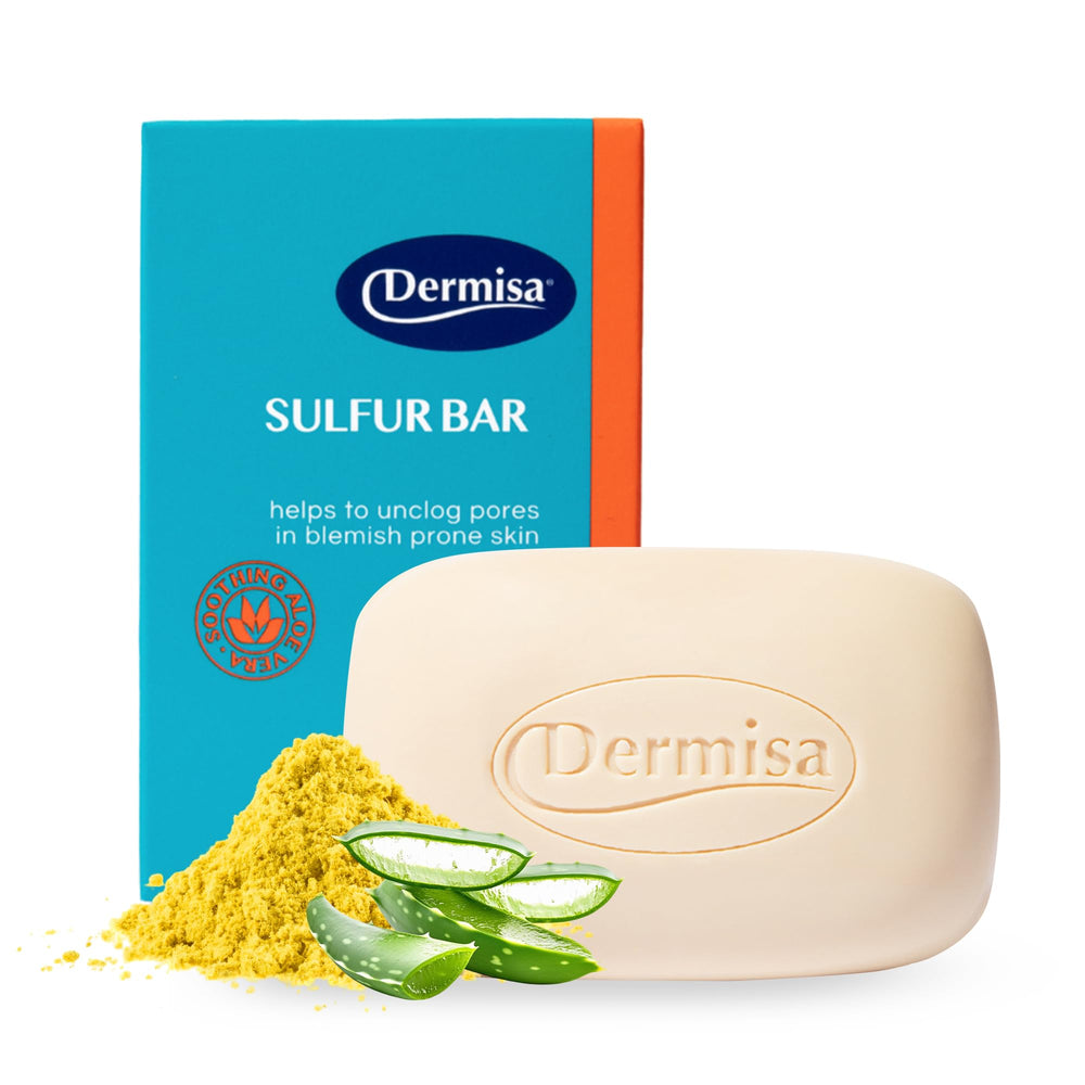 Dermisa barra azufre aloe vera, enfoque en la barra, ayuda a limpiar piel grasa