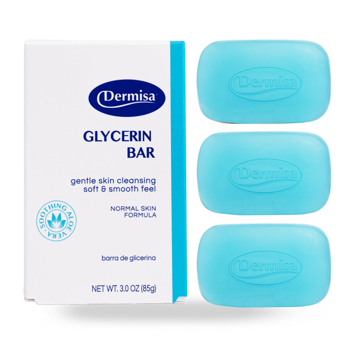 Dermisa barra glicerina aloe vera, limpieza suave para piel sensible.