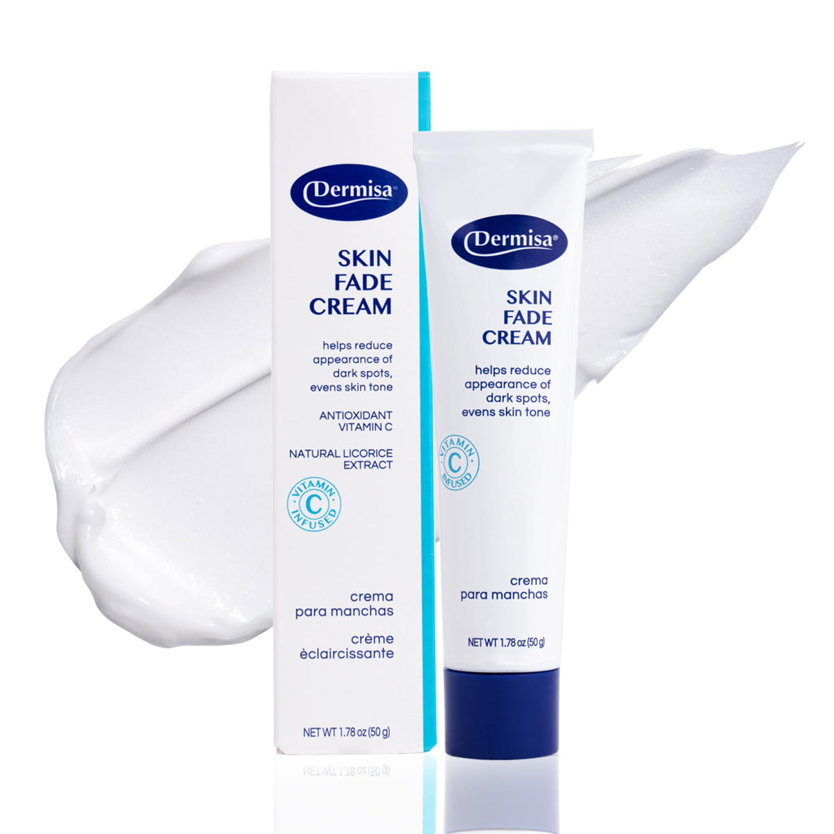Dermisa Skin Fade Cream en envase, ayuda a unificar el tono de la piel.