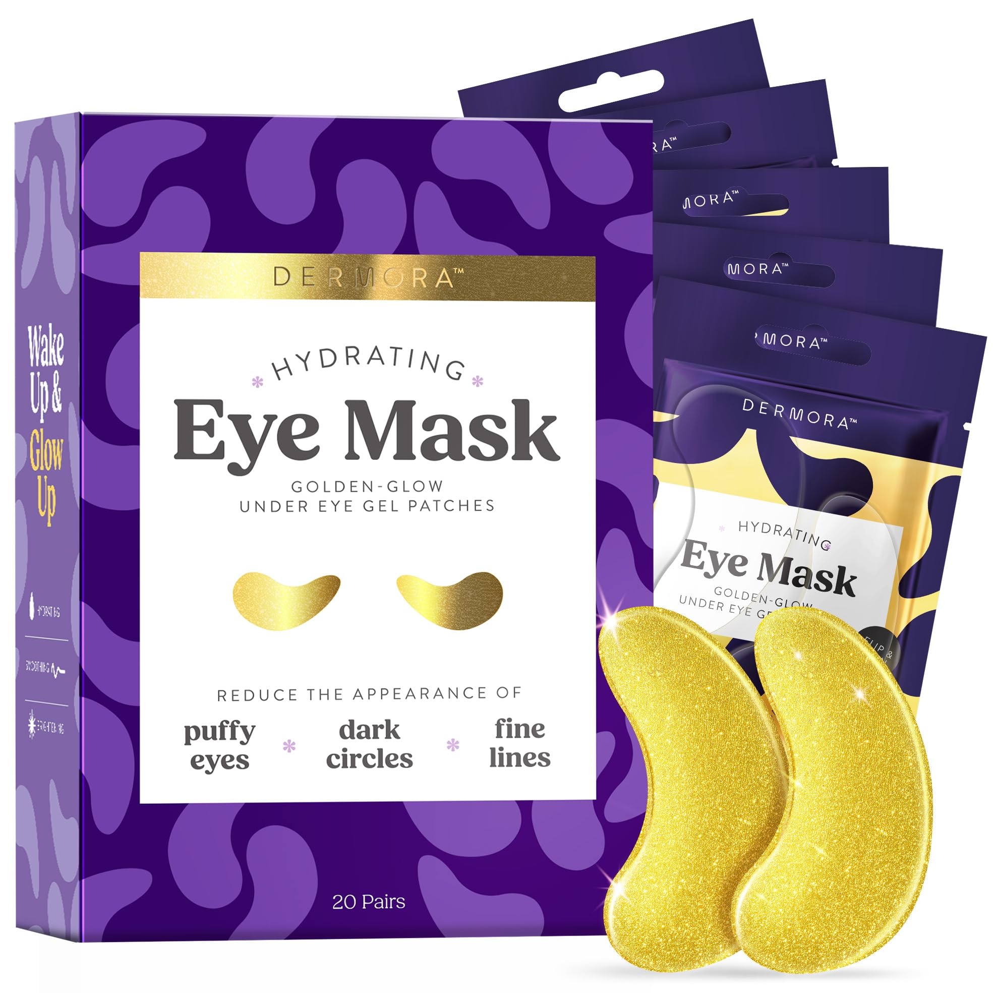 Parches Dermora Brillo Dorado para ojos en envase, alivio suave y revitalizante diario.