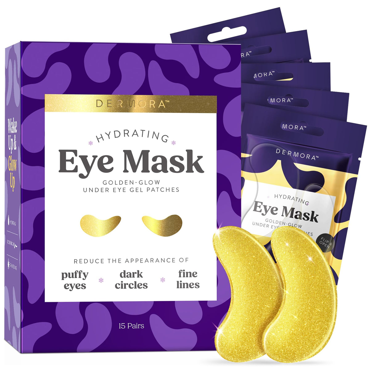 DERMORA Golden Glow empaque, compacto para viaje y cuidado ocular rápido.