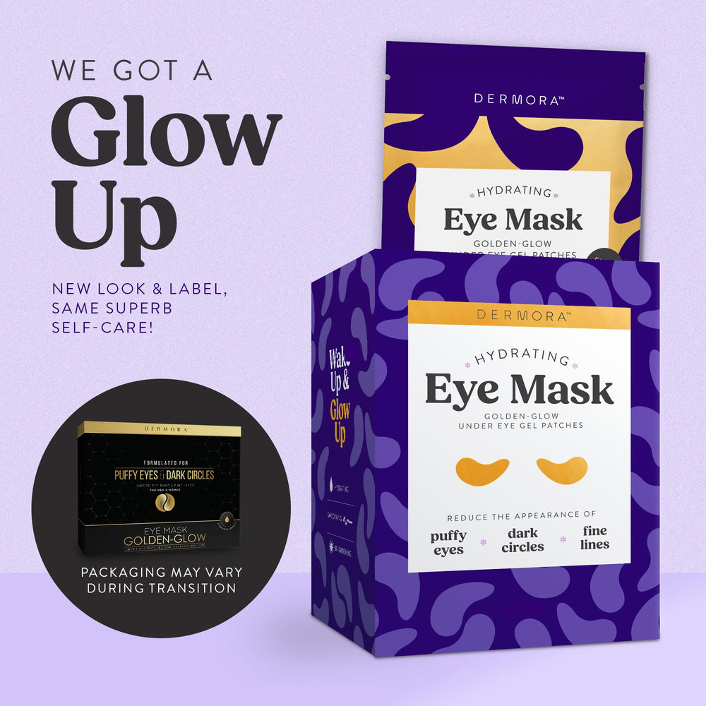 DERMORA Golden Glow parches ojos closeup, textura suave que refresca la mirada.