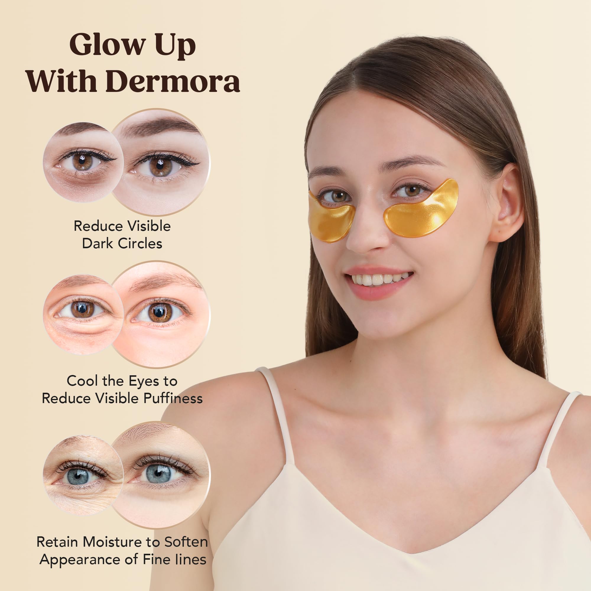 Patchs yeux Dermora appliqués sous les yeux sur peau.