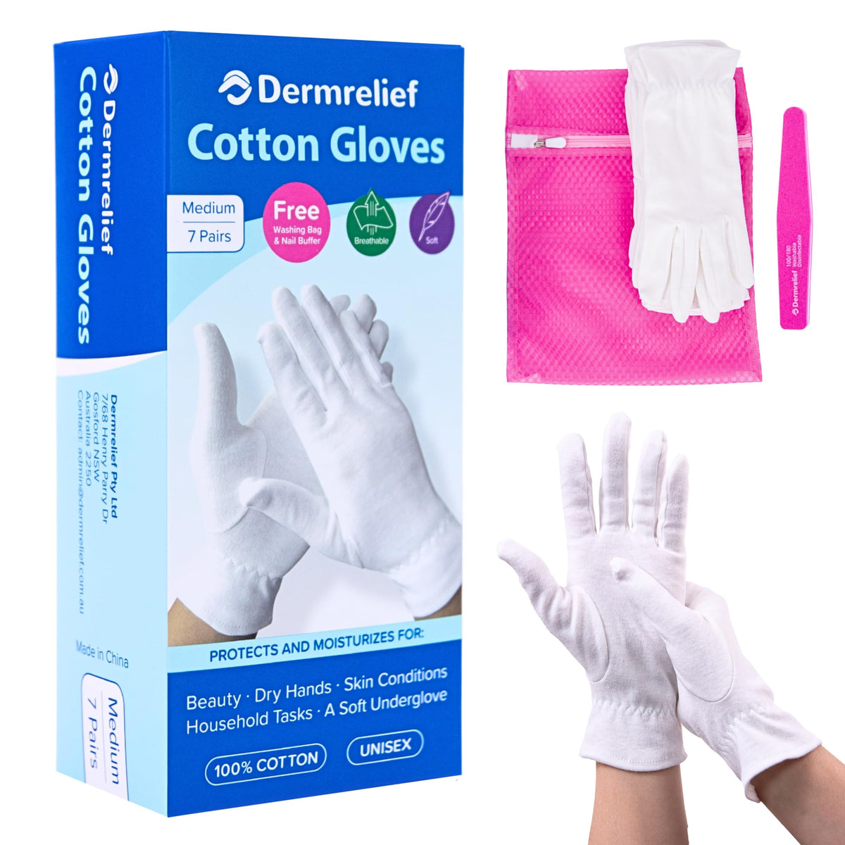 Dermrelief guantes de algodón, 7 pares en empaque para cuidado suave de manos