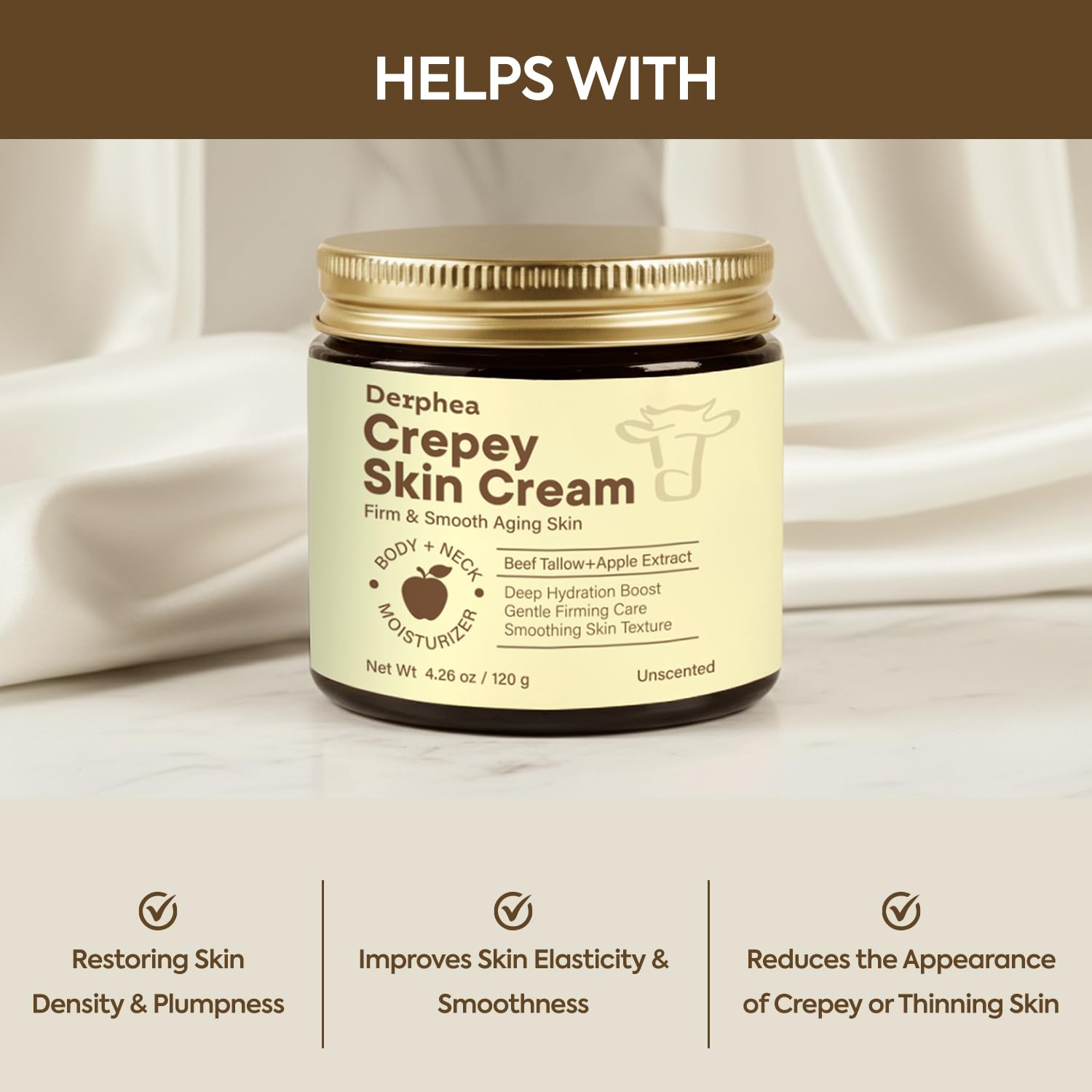 DERPHEA Crepey Skin Repair manteca de res, nutrición profunda para la piel.