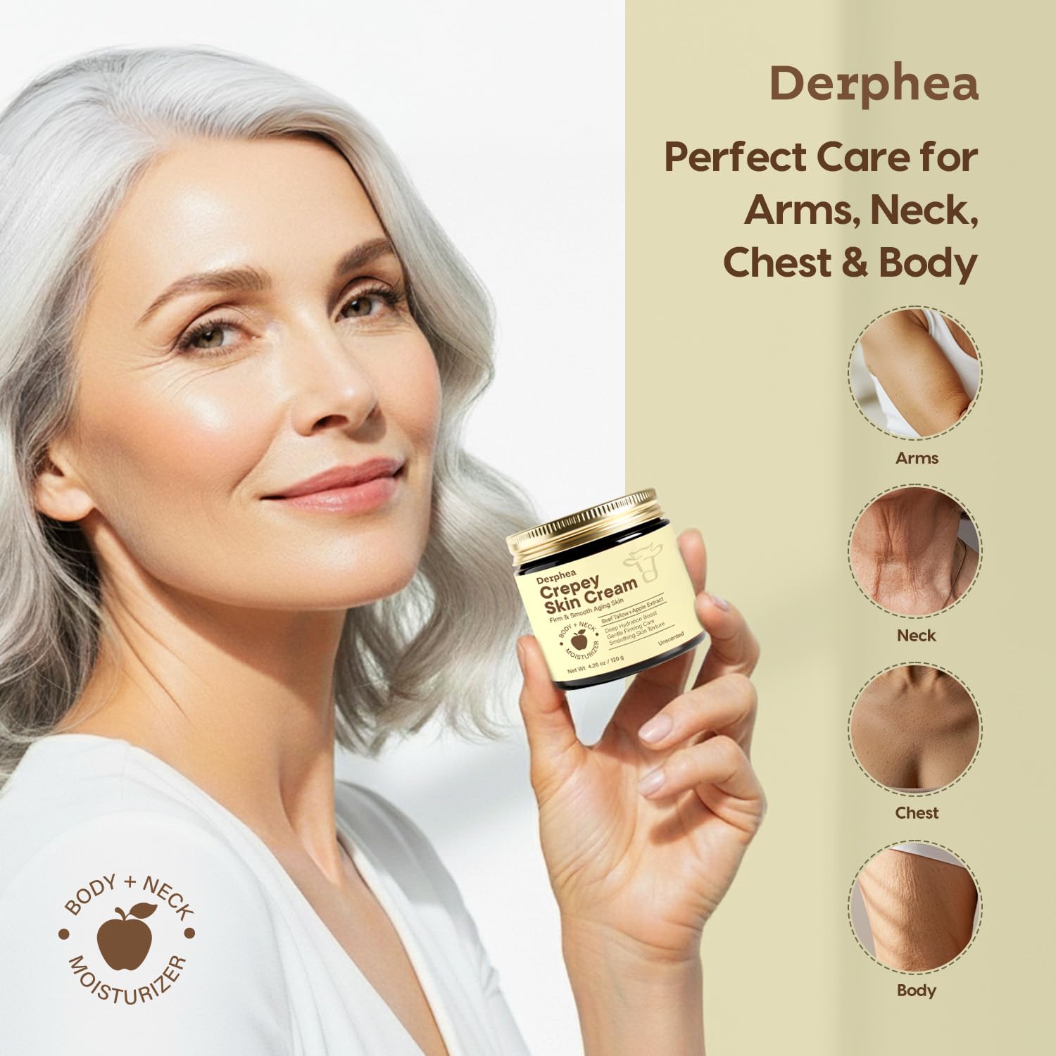 DERPHEA Crepey Skin Repair pecho, textura más lisa tras uso regular.