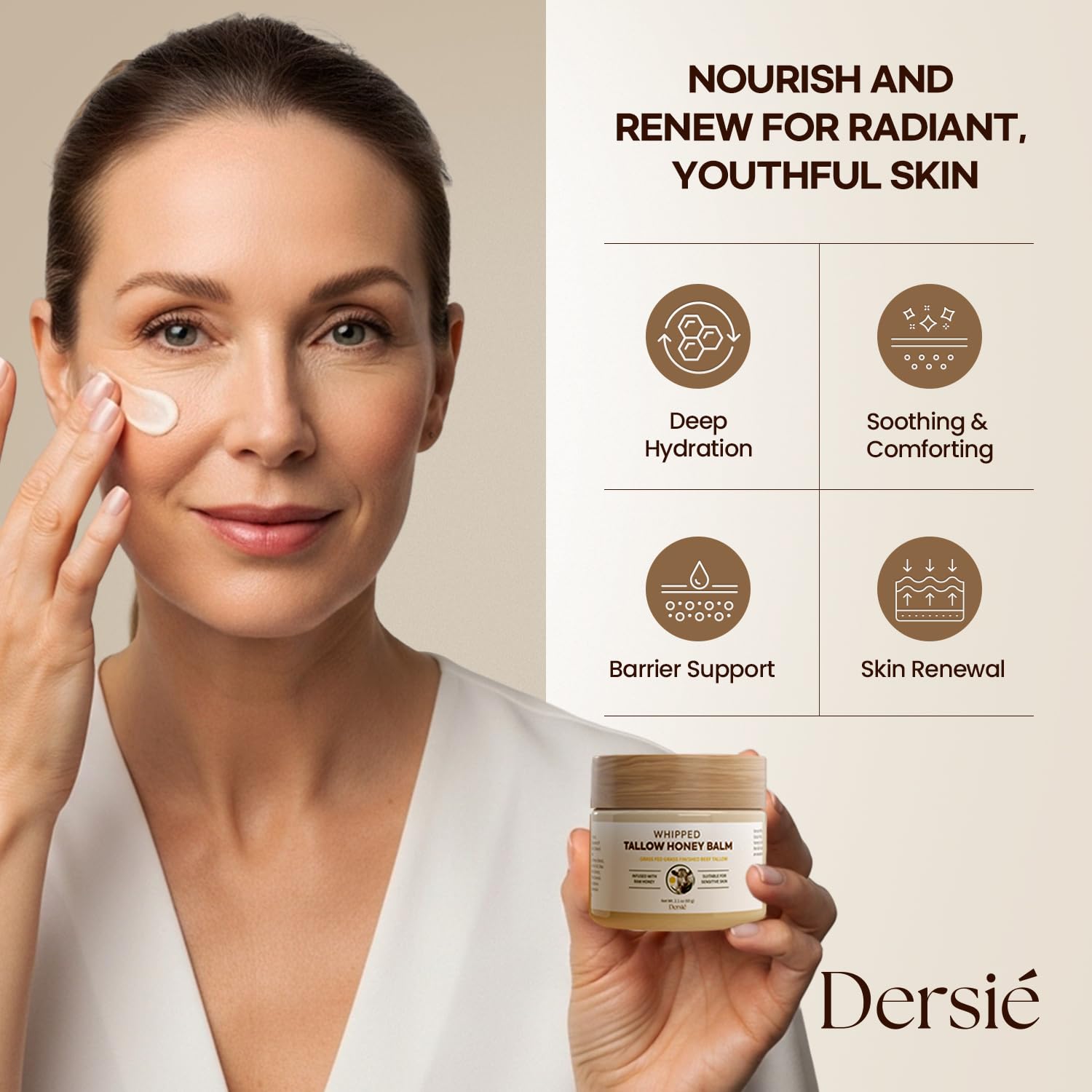Dersie bálsamo de sebo y miel para cuerpo, piel suave y nutrida.