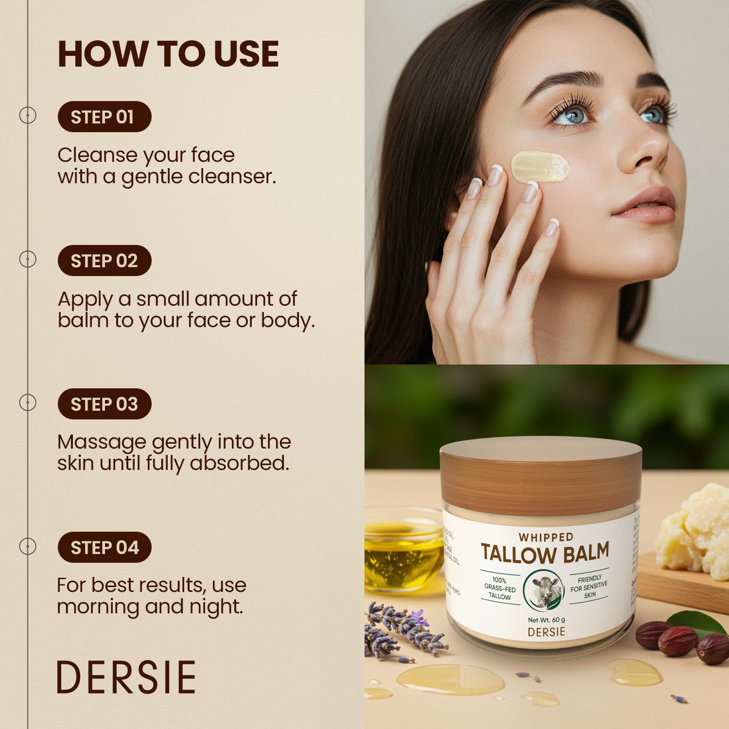 Dersie crema batida de sebo, ingredientes naturales de vaca alimentada con pasto.