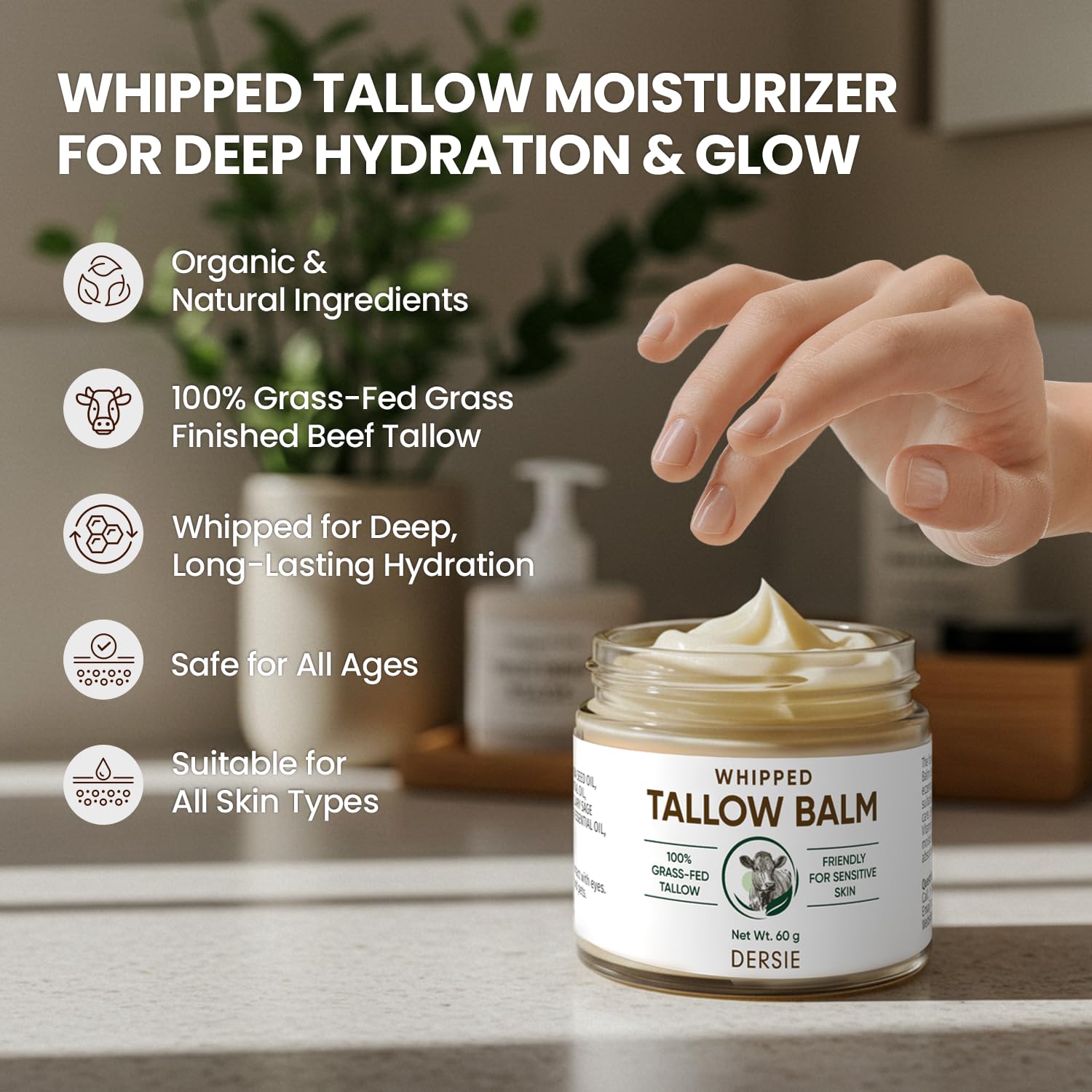 Dersie crema batida de sebo para rostro y manos, uso diario suave.