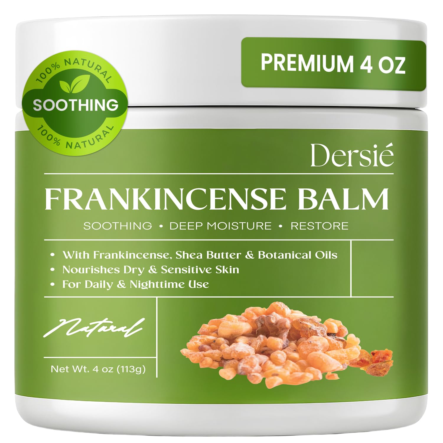 Dersie Frankincense Balm jar front shows the generous 4 oz size