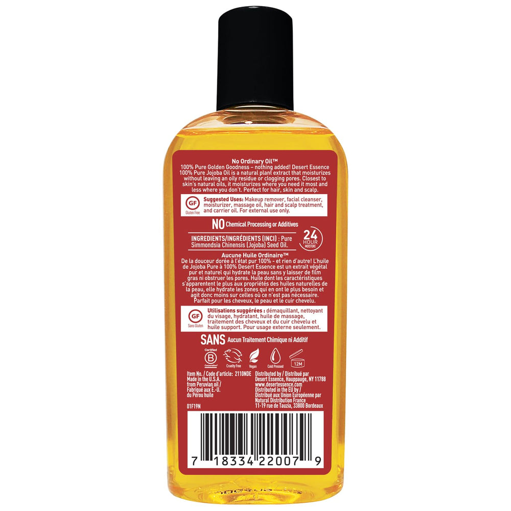Desert Essence Aceite de Jojoba prensado en frío preservando nutrientes.