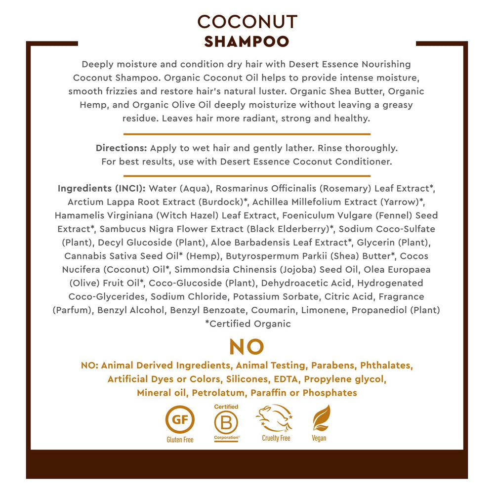 Desert Essence Champú Coco; aplicación en ducha para limpieza suave