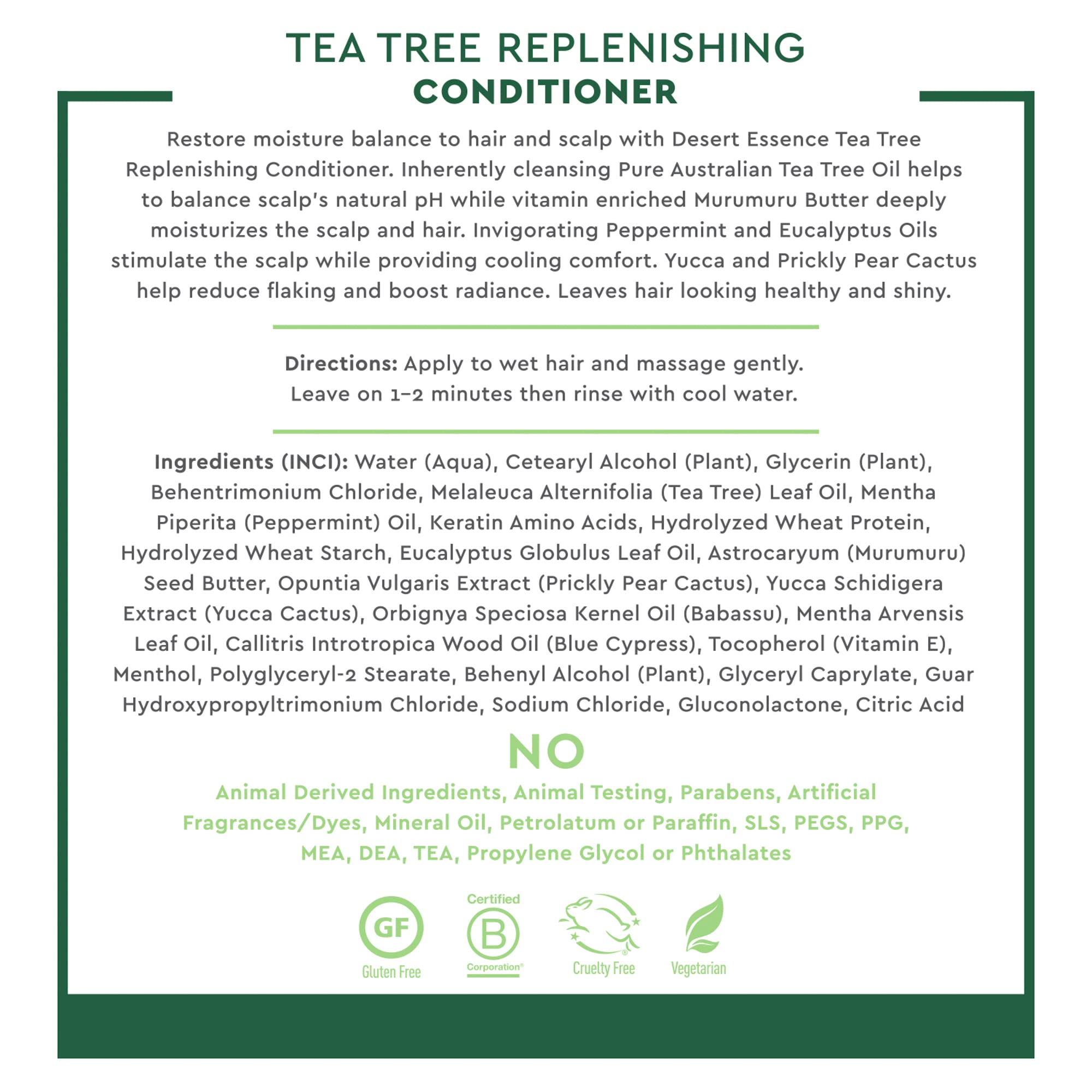 Desert Essence Tea Tree Condicionador, aceite de babassu aporta hidratación sin grasa.
