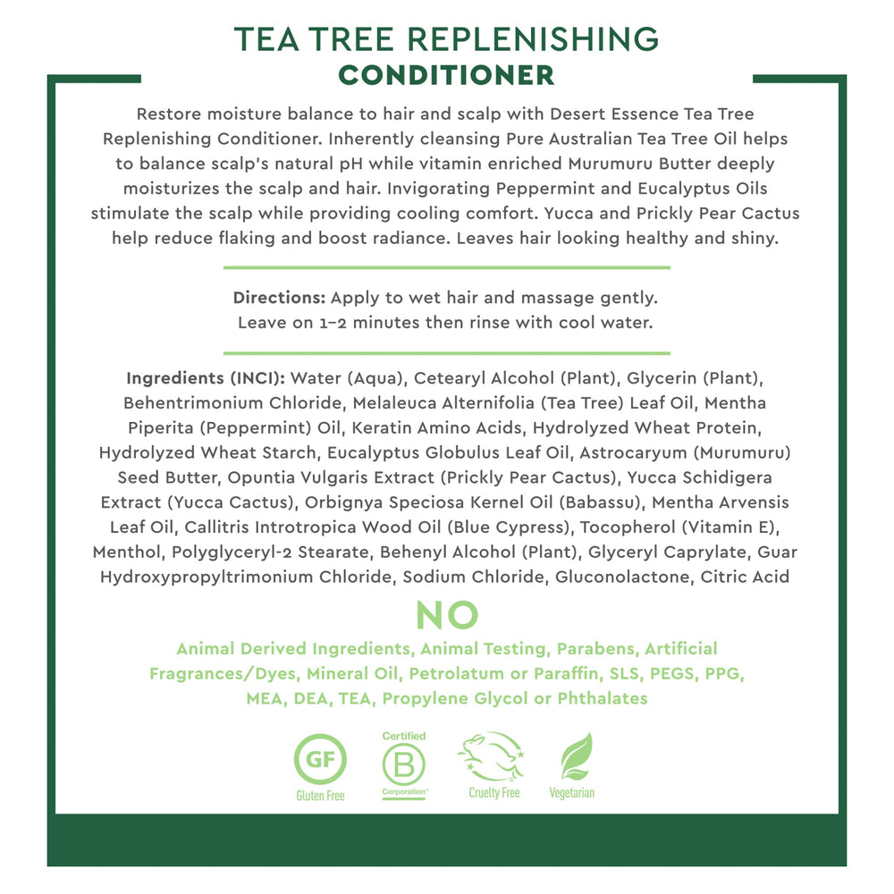 Desert Essence Tea Tree Condicionador, aceite de babassu aporta hidratación sin grasa.