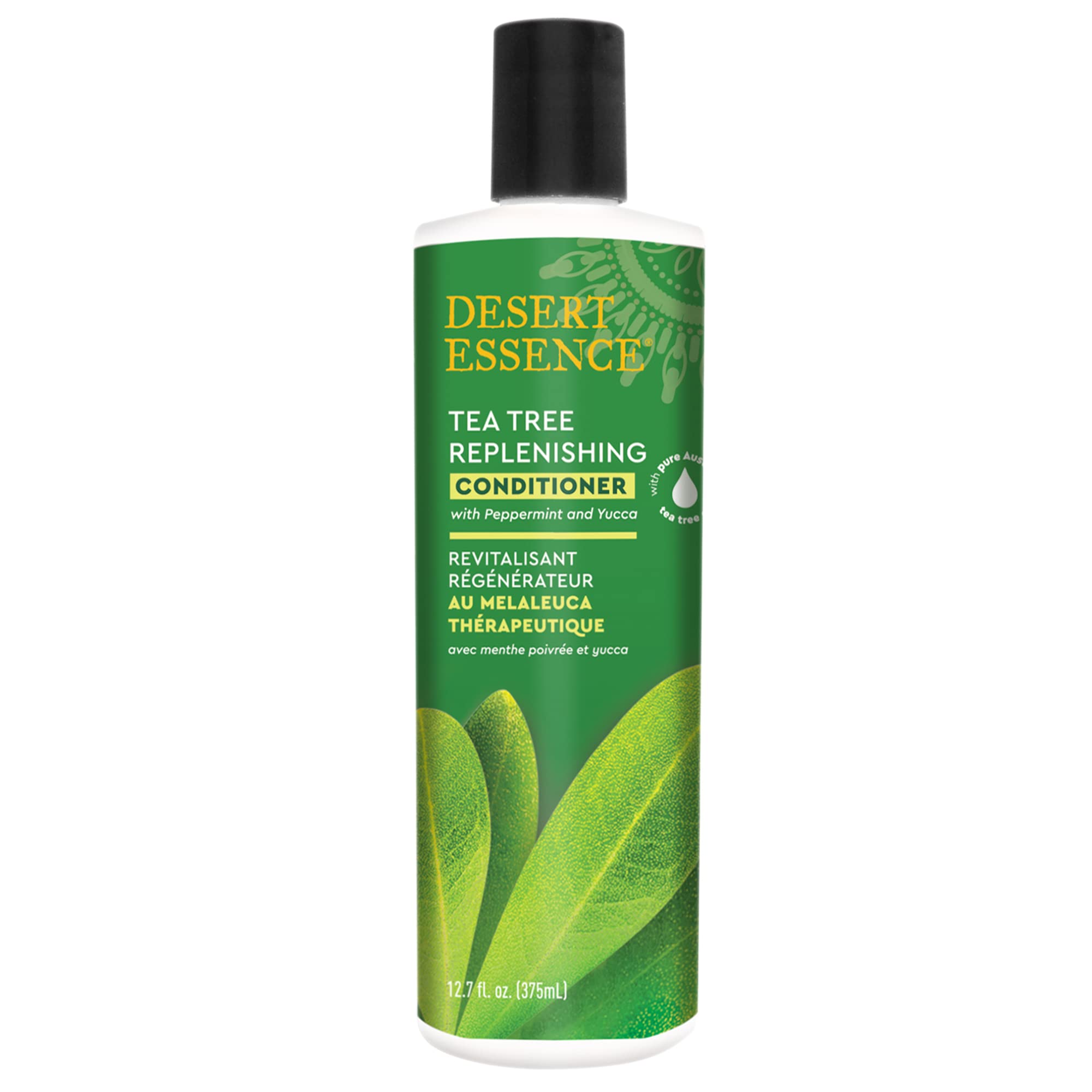 Desert Essence Tea Tree Condicionador, botella vertiendo, promete suavidad al peinado.