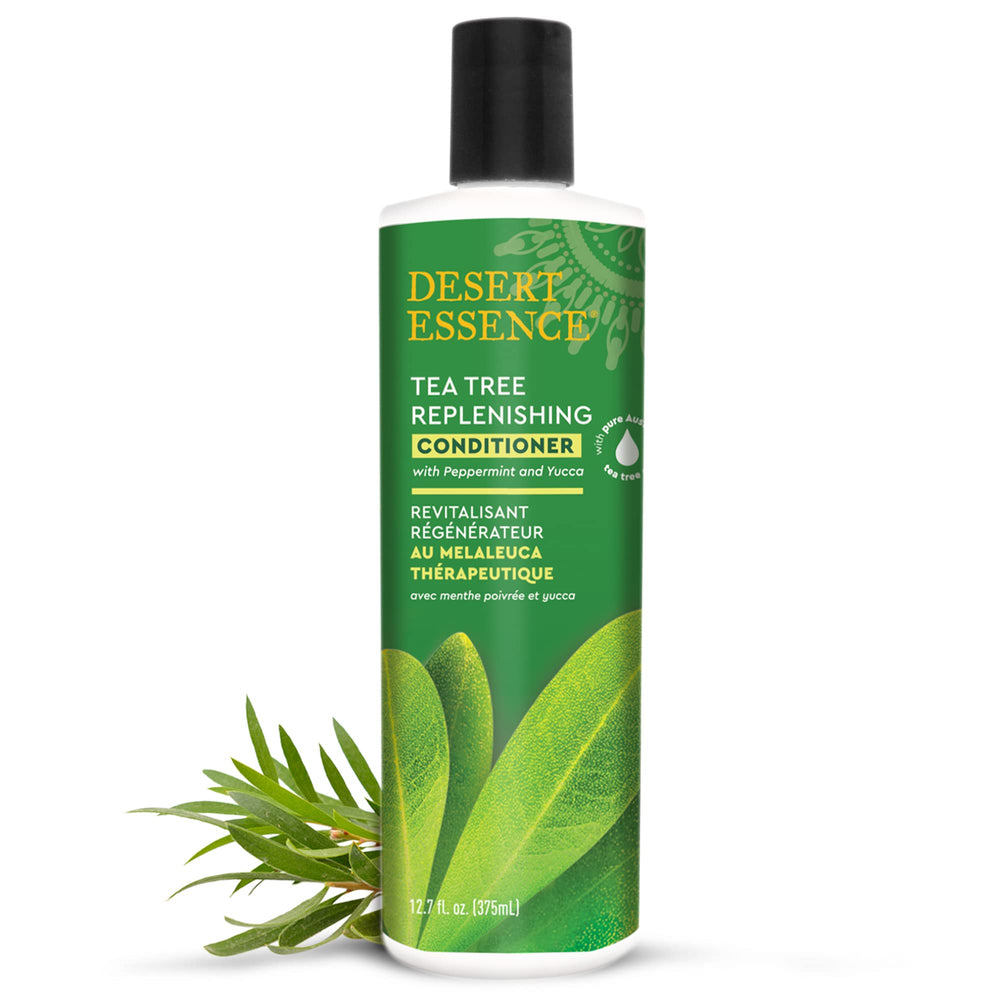Desert Essence Tea Tree Condicionador, etiqueta frontal, fácil identificación de beneficios y uso.