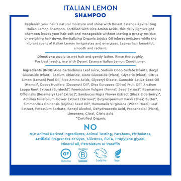 Desert Essence Italian Lemon Clarifying Shampoo packaging label emphasizes vegan, gluten-free formula