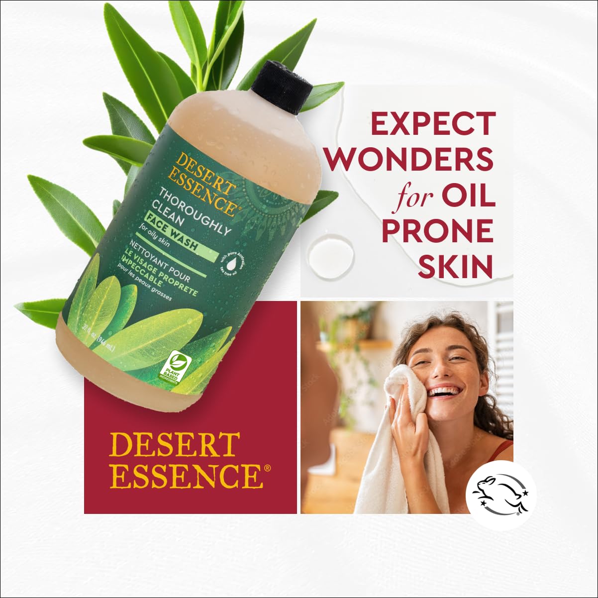 Aroma herbal suave del Desert Essence Tea Tree durante la limpieza facial