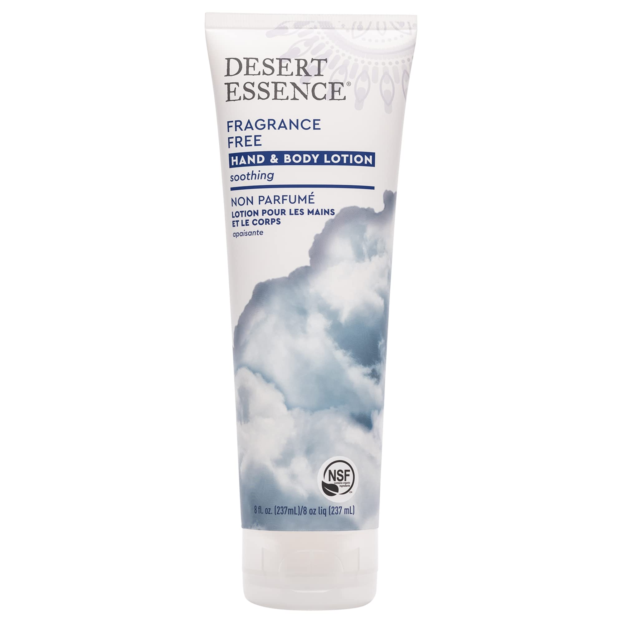 Desert Essence loción sin fragancia en bote, ideal para piel sensible.