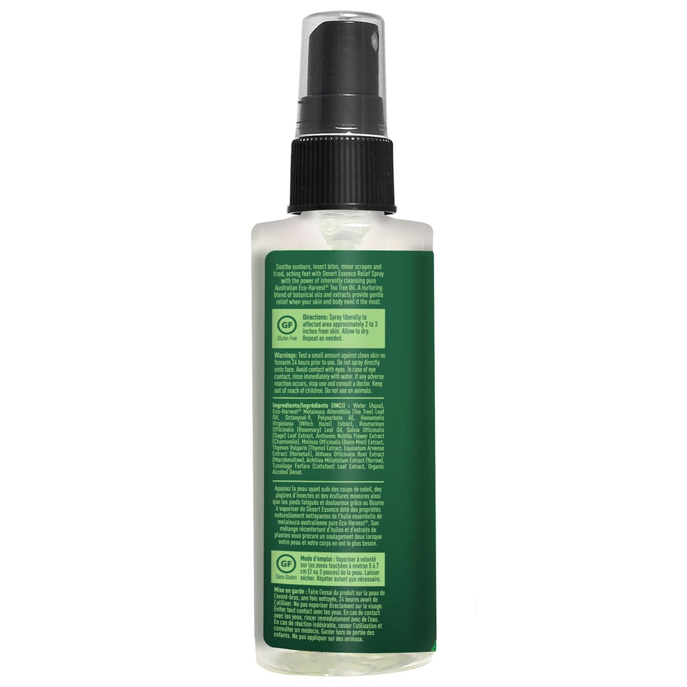 Desert Essence Relief Spray fórmula libre de crueldad y respetuosa con el planeta.