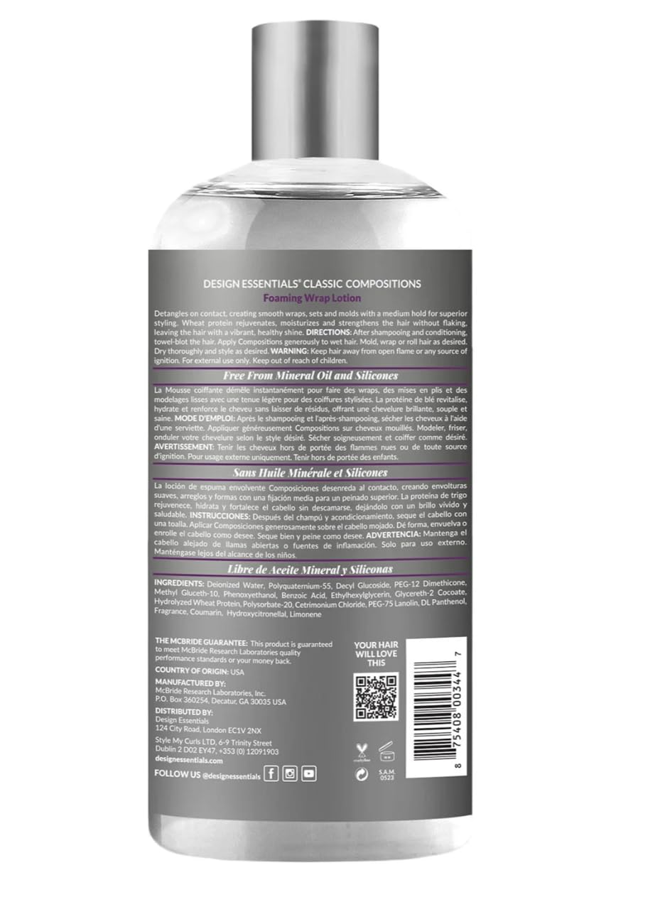 Design Essentials Compositions Lotion Moussante pour Enroulage, application généreuse favorisant enroulage rapide et résultat lustré.