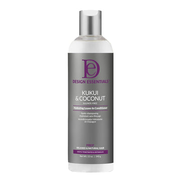 Design Essentials Kukui & Coconut Leave-In bottle for deep moisture on dry hair.