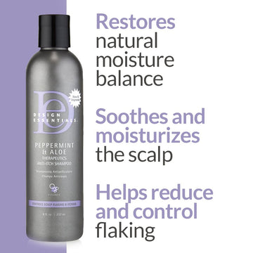Cuero cabelludo cuidado con Design Essentials Peppermint y Aloe Terapéuticos para control de descamación.