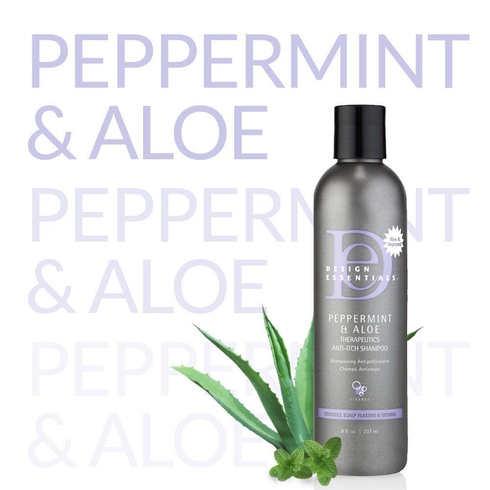 Resultados suaves en cabello y cuero cabelludo con Design Essentials Peppermint y Aloe Terapéuticos.