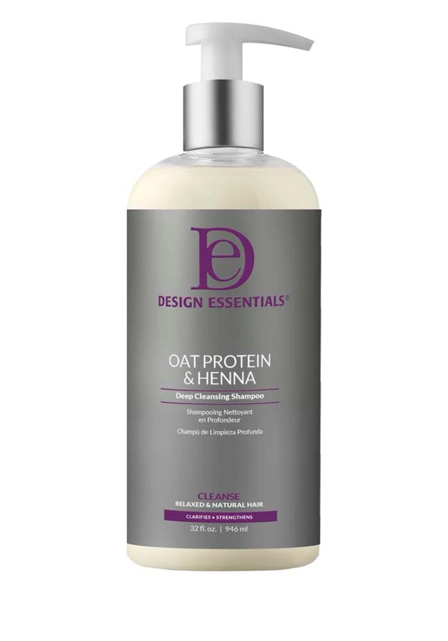 Design Essentials - bouteille du shampooing purifiant à l’avoine et henné, cheveux propres et équilibrés.