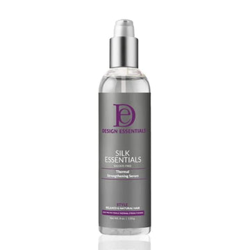 Design Essentials Silk Essentials Serum, botella vertiendo, protege contra el calor y aporta brillo.