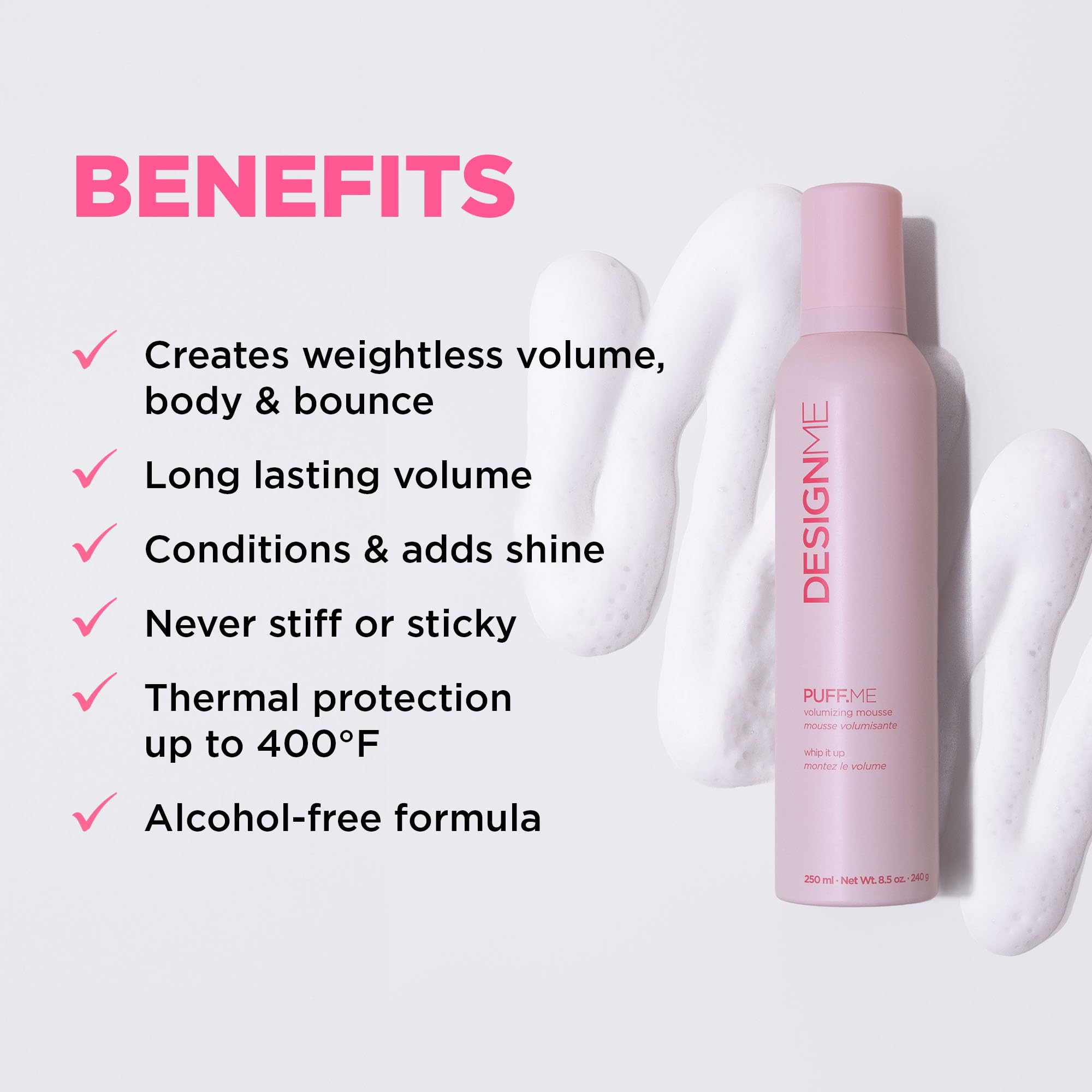 PUFF.ME Mousse textura aireada para aplicar en cabello húmedo y añadir cuerpo