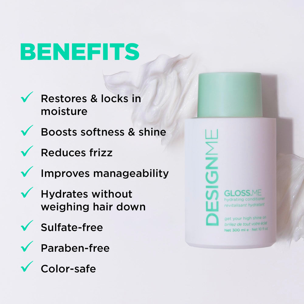 Design.Me GLOSS.ME: etiqueta muestra ingredientes de moringa que hidratan y protegen el color.