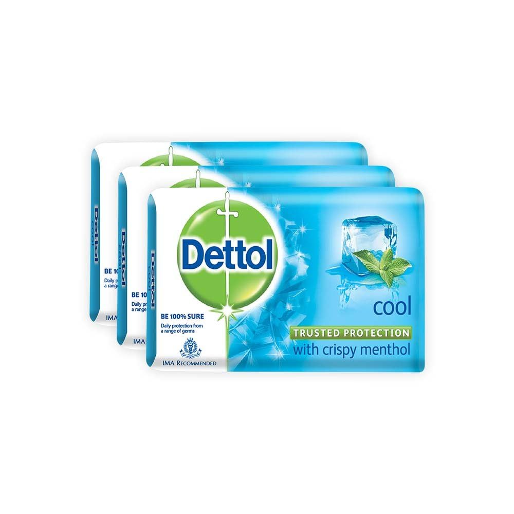 Dettol Cool Jabón en barra Pack 3, reverso con indicaciones de uso.