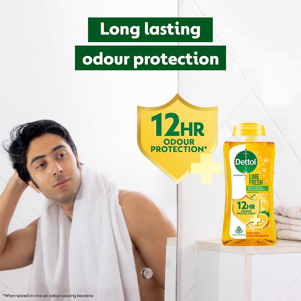 Dettol Cuerpo Lima Fresco, botella con vertido, formato práctico para duchas rápidas.