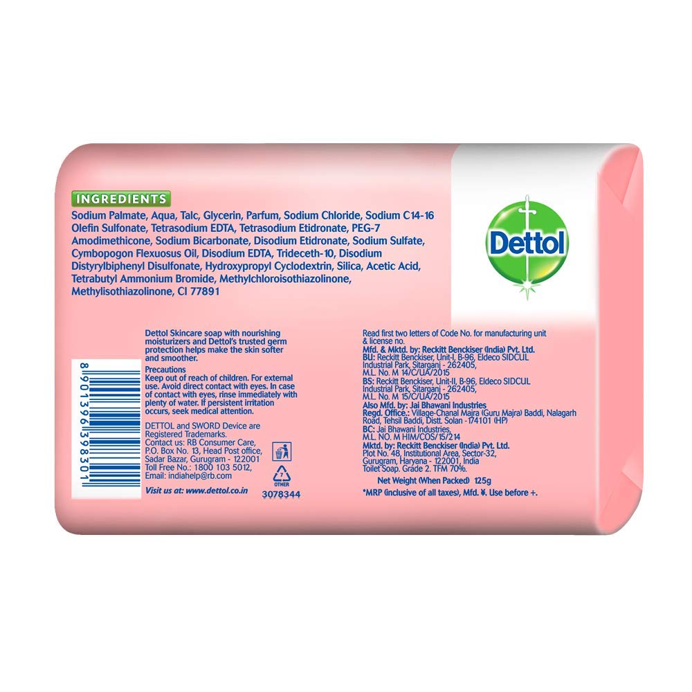 Dettol Jabón cuidado de la piel, detalle de etiqueta en empaque.